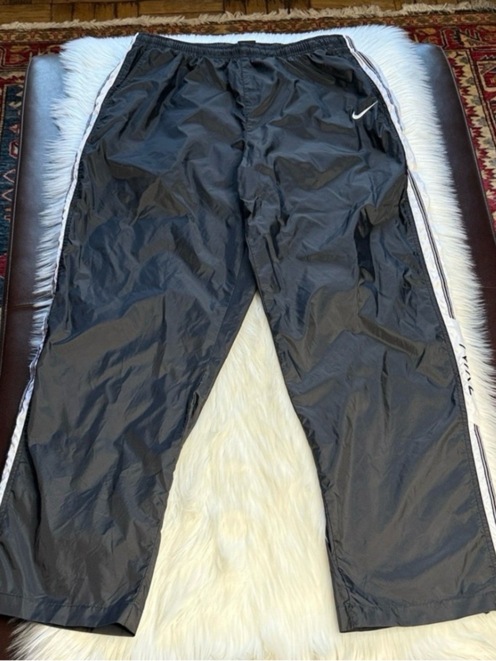 Nike Vintage Black 90’s Nylon Track Pants with White Stripes